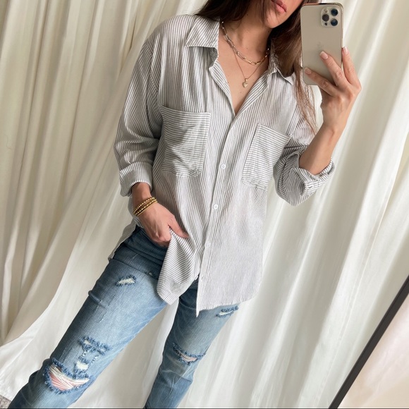 Classic Striped Button-Up Shirt—Ivory/Black - Picture 13 of 14